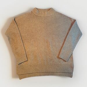 Brass Mock Neck Sweater Women Medium Tan Waffle Knit Wool Blend Relaxed Pullover